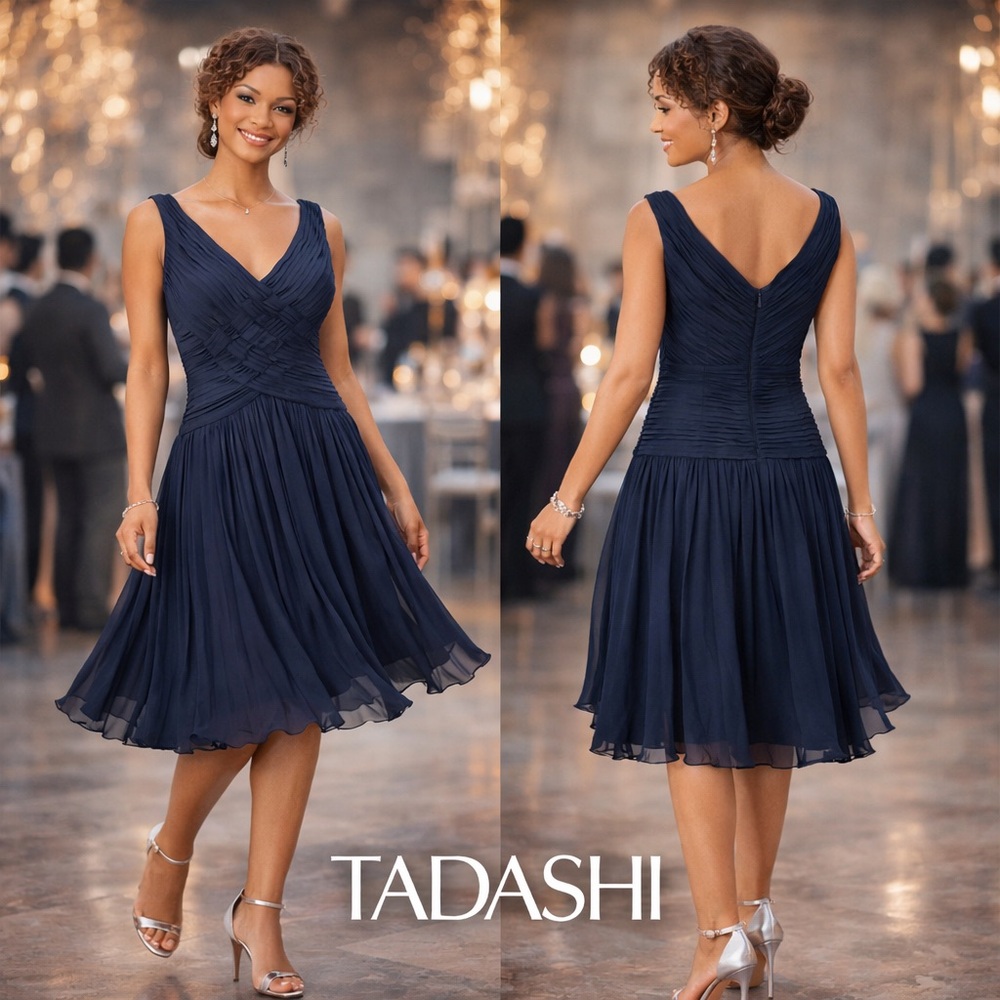 Tadashi Shoji Midnight Navy Pleated Chiffon Cocktail Dress Elegant Glam Size 8 - Picture 7 of 14